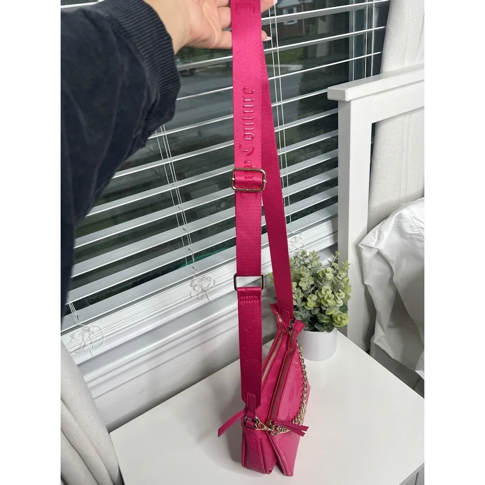 Juicy Couture Double Trouble Crossbody Bag Hot Pink Purse Gold Chain Pockets Zip